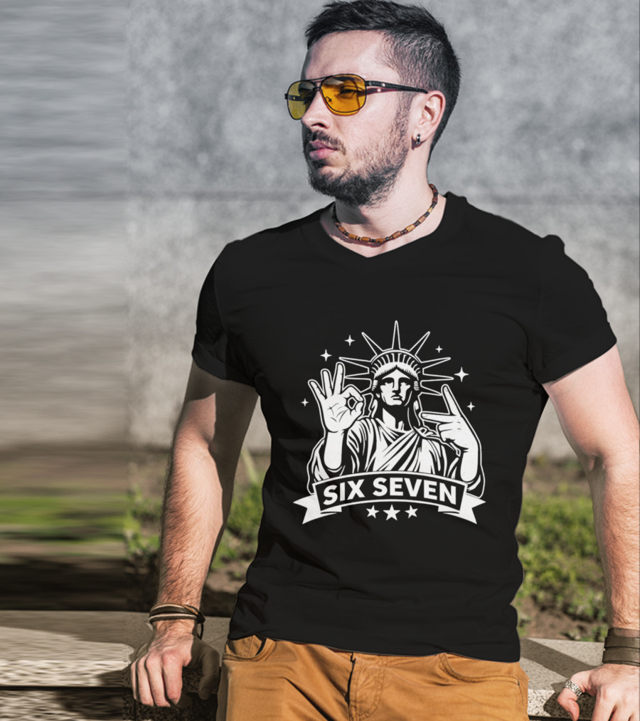 Statue Of Liberty Six Seven Hand Gesture Stars T-Shirt