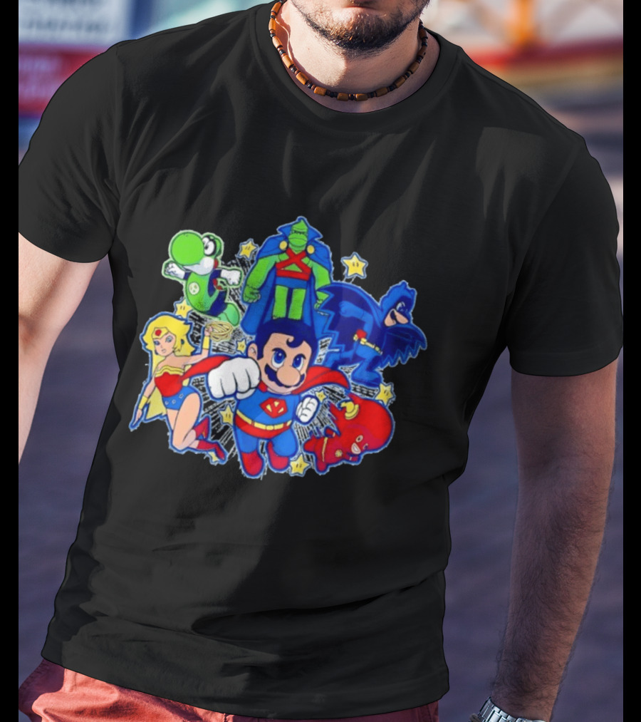 Justice League Mario Bros Crossover With Yoshi Batman Flash Wonder Woman Martian Manhunter T-Shirt
