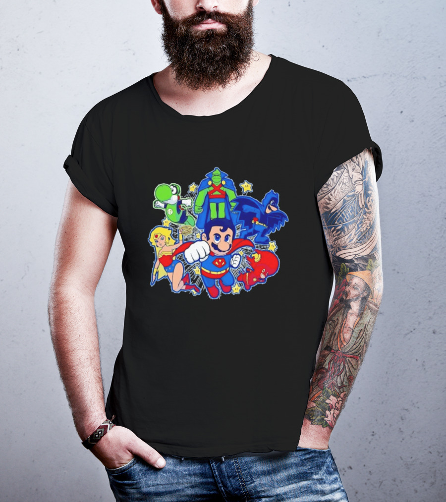 Justice League Mario Bros Crossover With Yoshi Batman Flash Wonder Woman Martian Manhunter T-Shirt