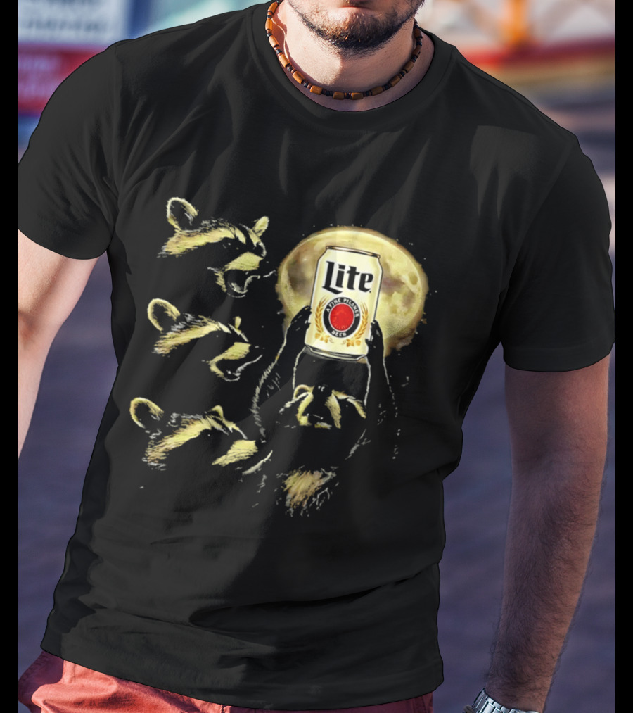 Moon Raccoon Lite Beer Can In Full Moonlight T-Shirt