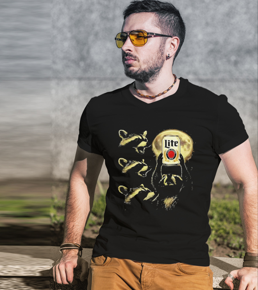 Moon Raccoon Lite Beer Can In Full Moonlight T-Shirt