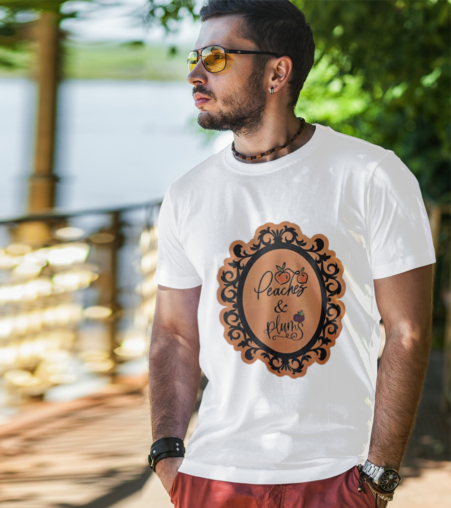 Peaches And Plums Ornate Black Floral Oval Frame T-Shirt
