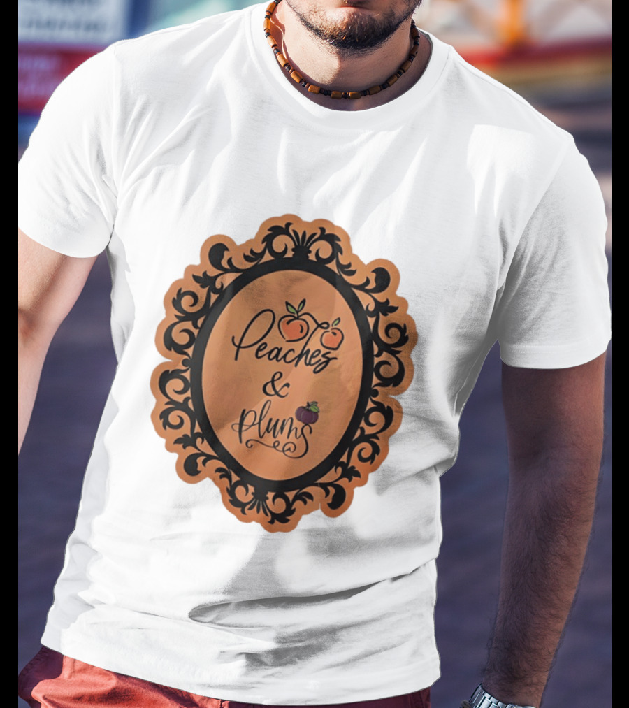 Peaches And Plums Ornate Black Floral Oval Frame T-Shirt