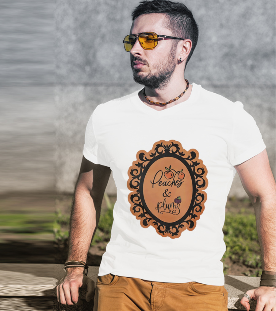 Peaches And Plums Ornate Black Floral Oval Frame T-Shirt