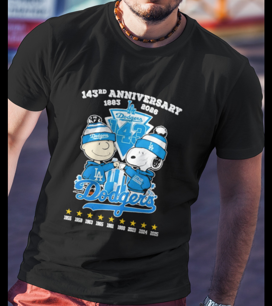 Los Angeles Dodgers 143rd Anniversary 1883 2026 Charlie Brown Snoopy Fist Bump T-Shirt