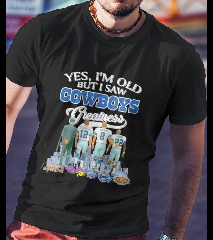 Dallas Cowboys Legends Staubach Aikman Smith Skyline Super Bowl Wins T-Shirt
