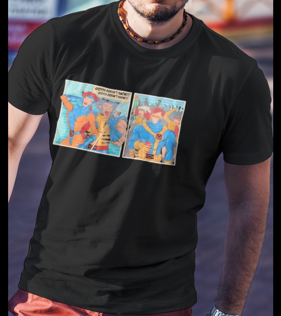 Wolverine Jean Grey Scotty Doesn't Know Speech Bubble Music Band Party Scene T-Shirt