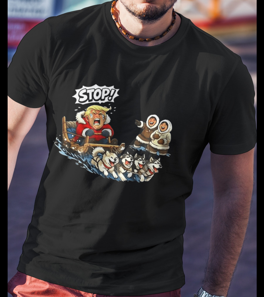 STOP Trump Greenland Dogsled Cartoon T-Shirt