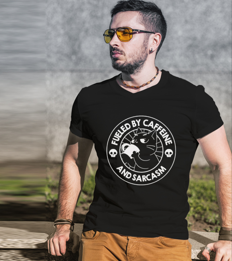 Fueled By Caffeine And Sarcasm Cat Drinking Coffee Skulls T-Shirt