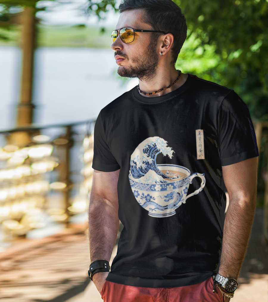 The Great Kanagawa Tea Cup Ukiyo E Wave Meets Dragon Porcelain T-Shirt