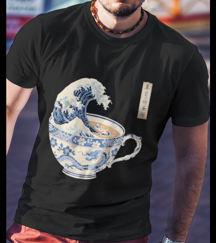 The Great Kanagawa Tea Cup Ukiyo E Wave Meets Dragon Porcelain T-Shirt