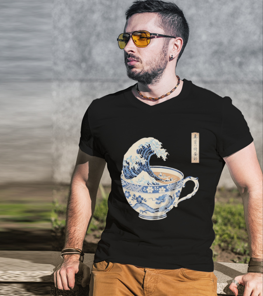 The Great Kanagawa Tea Cup Ukiyo E Wave Meets Dragon Porcelain T-Shirt