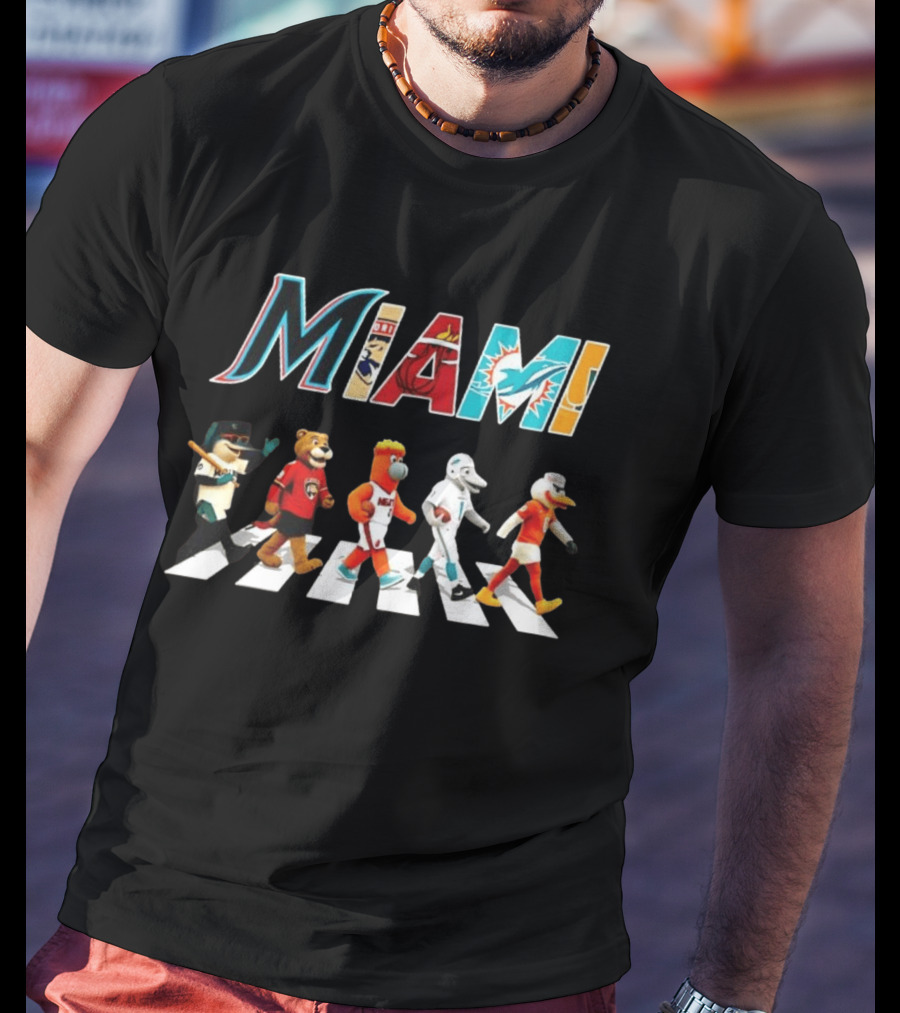 Miami Marlins Panthers Heat Dolphins Hurricanes Mascots Crosswalk T-Shirt