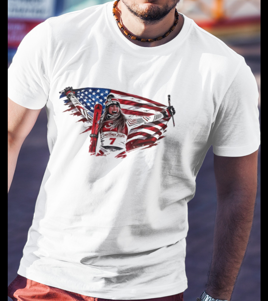 USA Winter Olympic Mikaela Shiffrin American Flag Skier T-Shirt