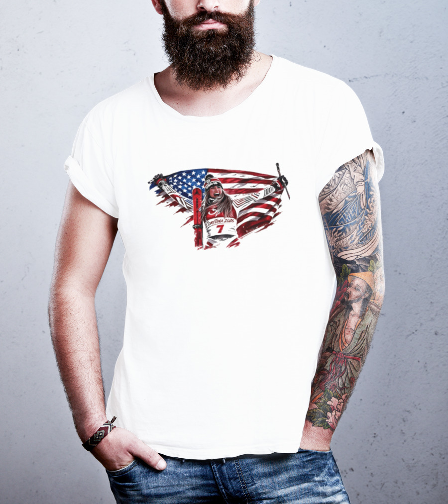 USA Winter Olympic Mikaela Shiffrin American Flag Skier T-Shirt
