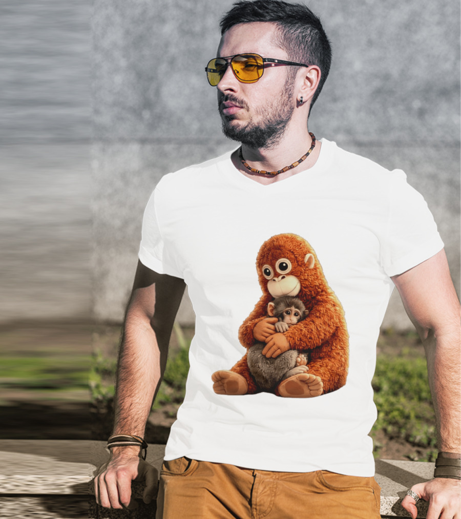 Punch Monkey Hugging Plush Baby Monkey T-Shirt