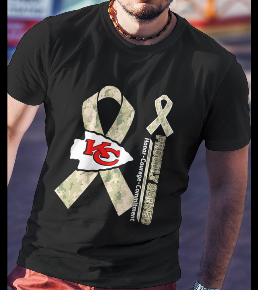 Kansas City Chiefs Military Support Honor Courage Commitment Kansas Camo Ribbon T-Shirt