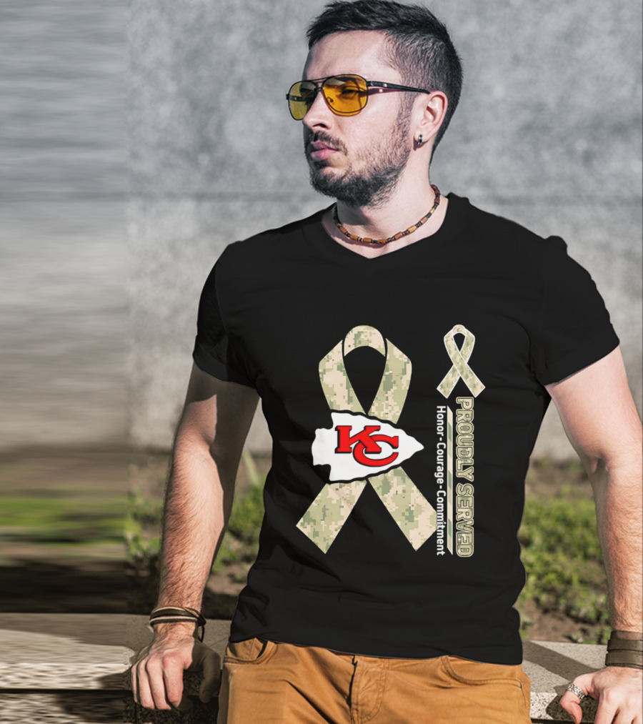 Kansas City Chiefs Military Support Honor Courage Commitment Kansas Camo Ribbon T-Shirt