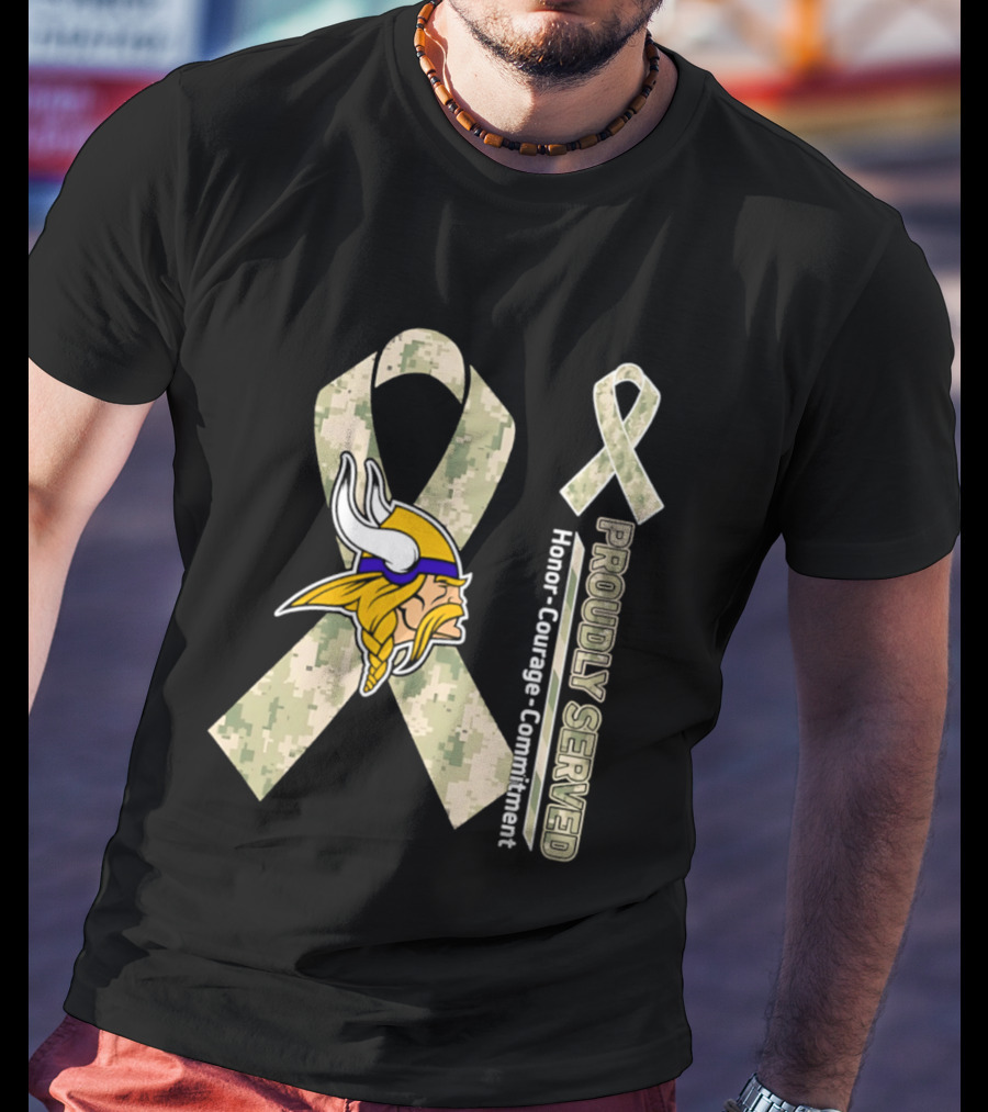 Minnesota Vikings Proudly Served Honor Courage Commitment Camouflage Ribbon T-Shirt