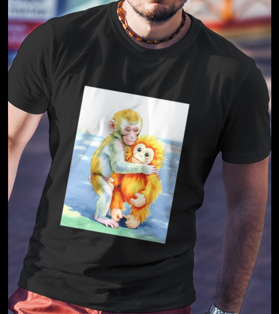 Adorable Monkey Cuddling Orange Plush Toy Scene T-Shirt