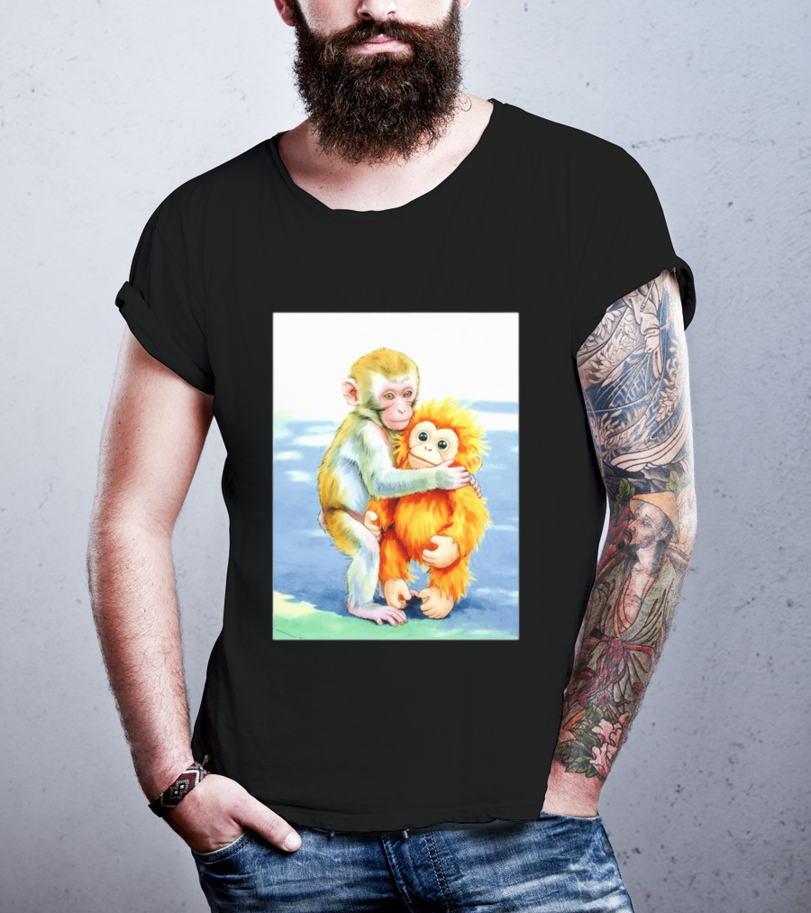 Adorable Monkey Cuddling Orange Plush Toy Scene T-Shirt