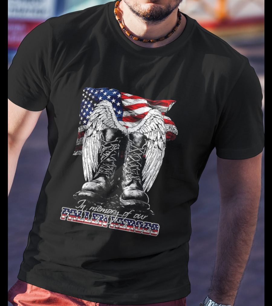 Hero's In The Sky In Memory Of Our Fallen Heroes American Flag Boots And Wings T-Shirt