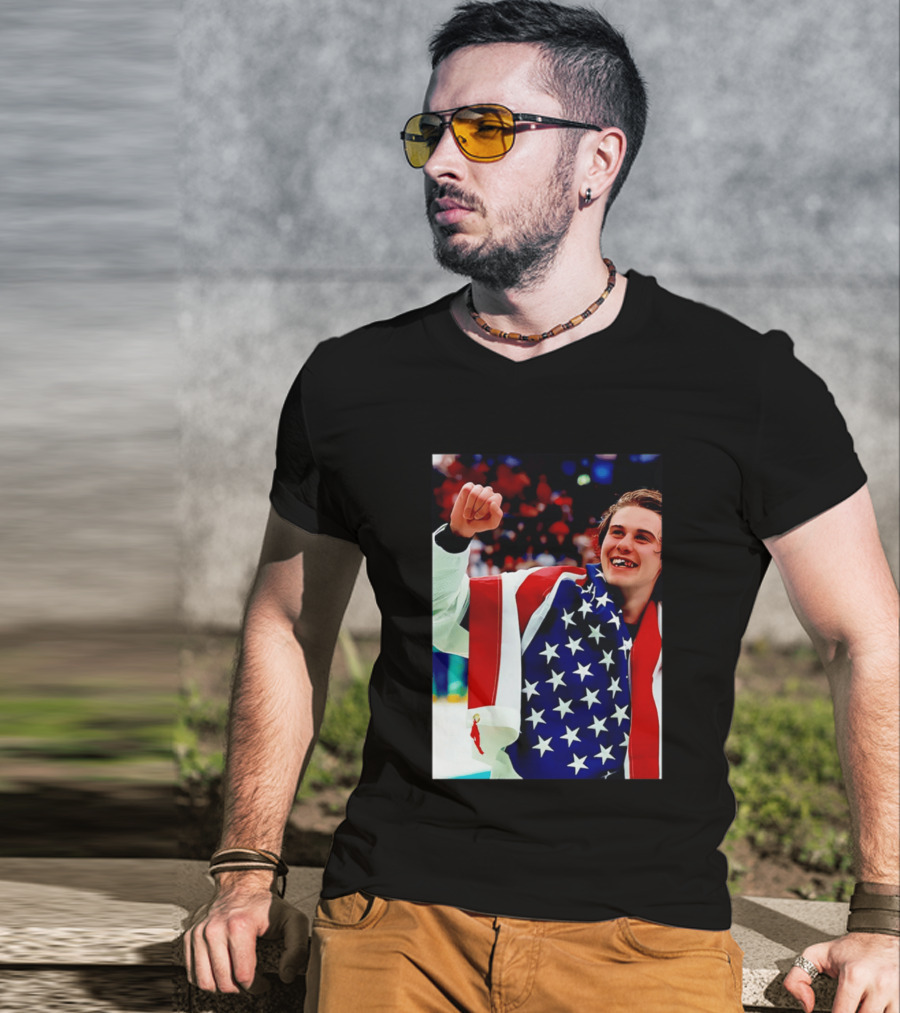 Jack Hughes Celebrating Team USA Hockey Star Spangled Moment T-Shirt