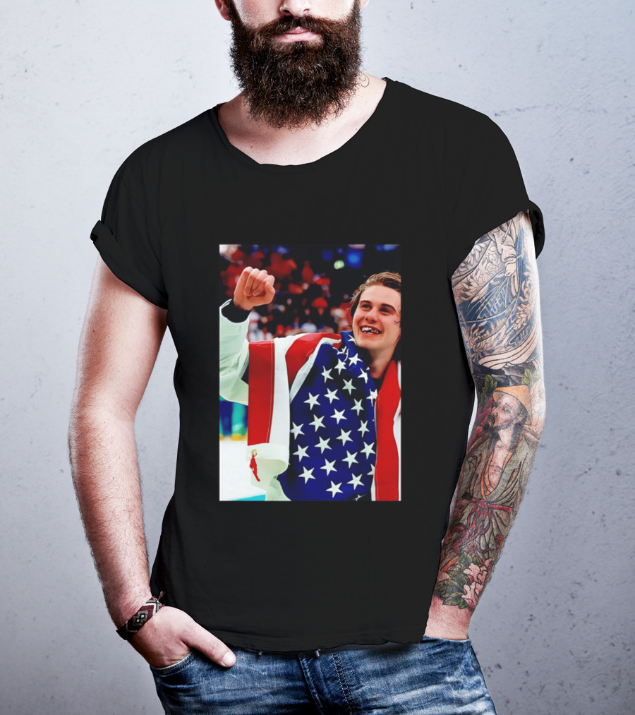 Jack Hughes Celebrating Team USA Hockey Star Spangled Moment T-Shirt