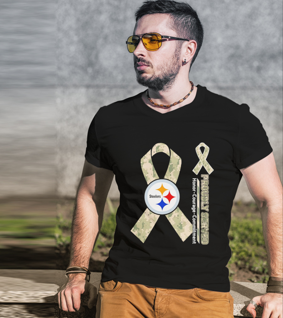 Pittsburgh Steelers Camouflage Ribbon Proudly Served Honor Courage Commitment T-Shirt