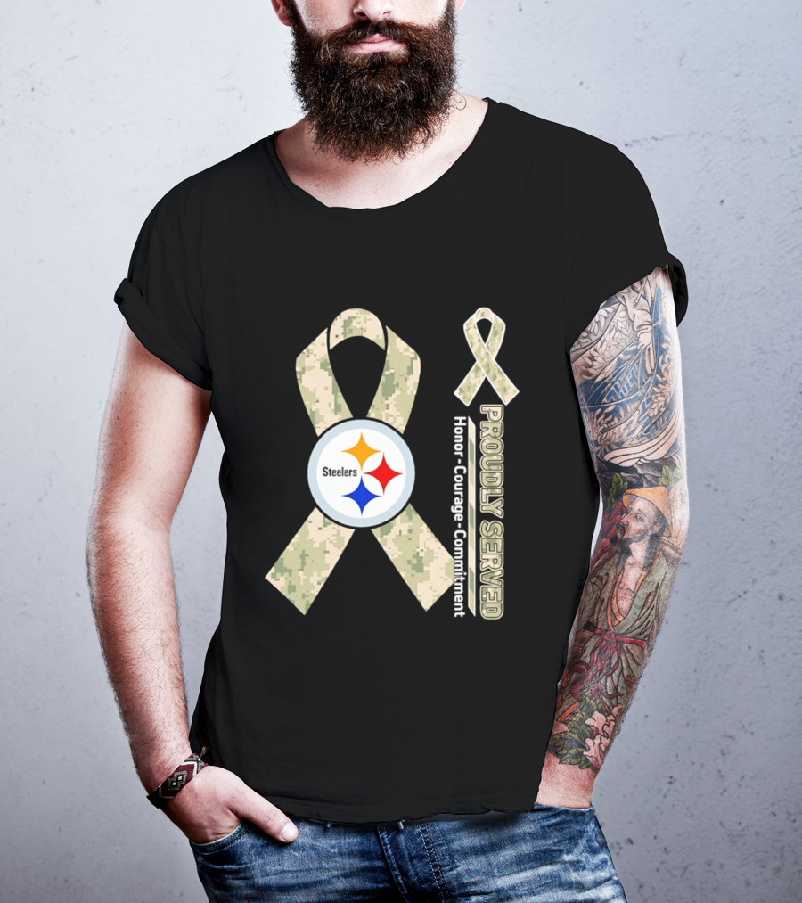 Pittsburgh Steelers Camouflage Ribbon Proudly Served Honor Courage Commitment T-Shirt