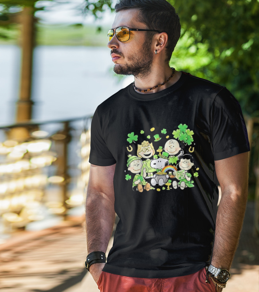 St. Patrick's Day Peanuts Snoopy And Friends With Shamrocks Horseshoes And Rainbow T-Shirt