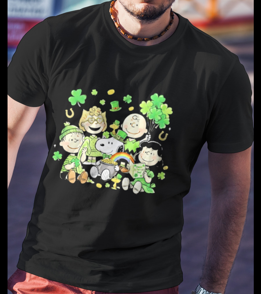St. Patrick's Day Peanuts Snoopy And Friends With Shamrocks Horseshoes And Rainbow T-Shirt