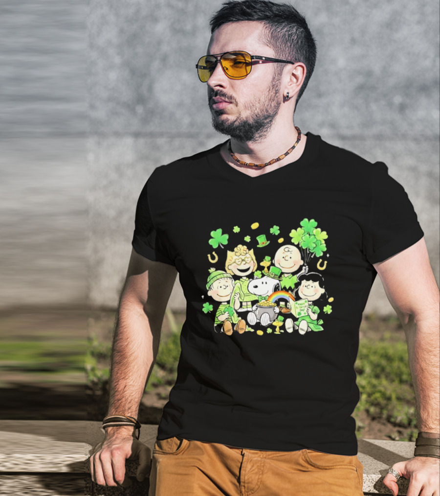 St. Patrick's Day Peanuts Snoopy And Friends With Shamrocks Horseshoes And Rainbow T-Shirt