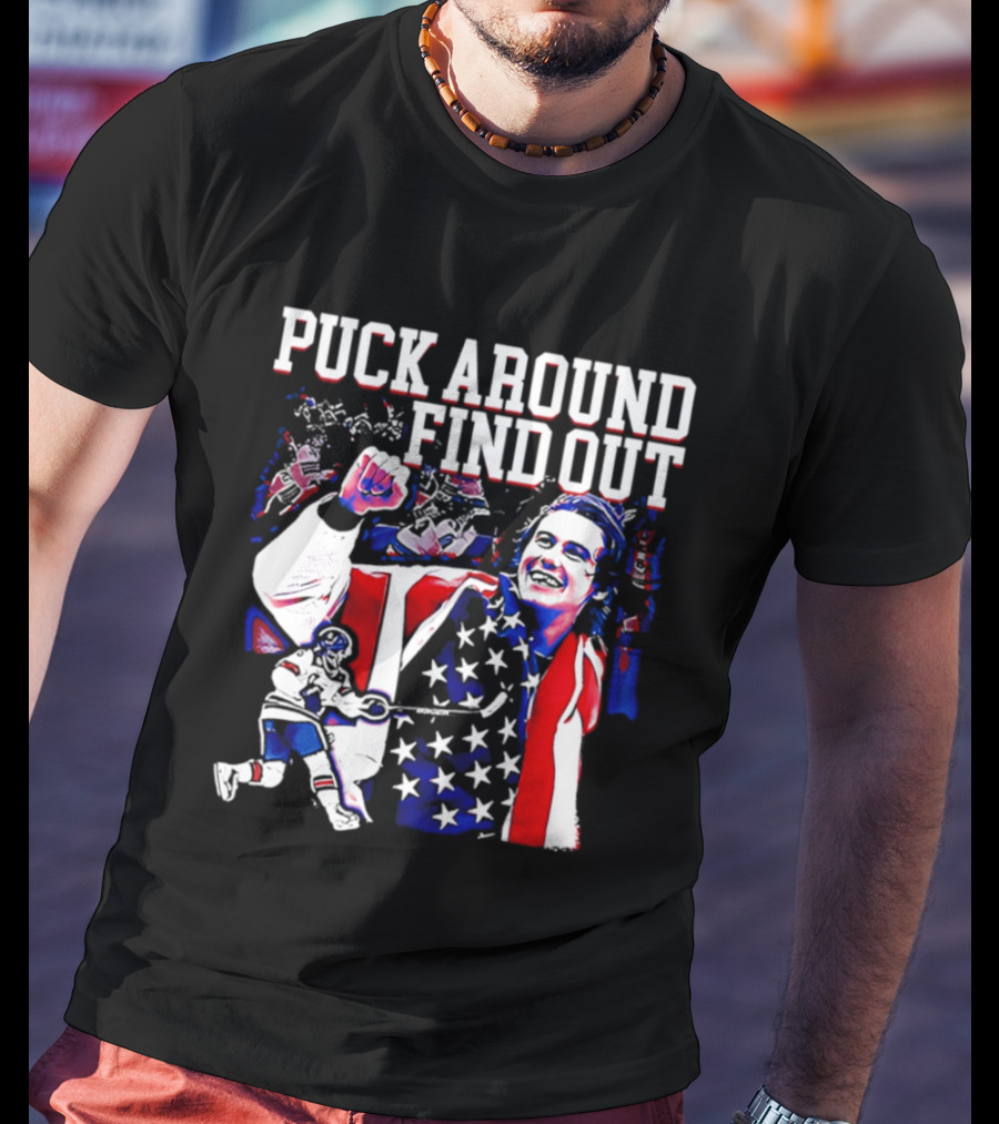 Puck Around Find Out Jack Hughes USA Hockey American Flag Celebration T-Shirt
