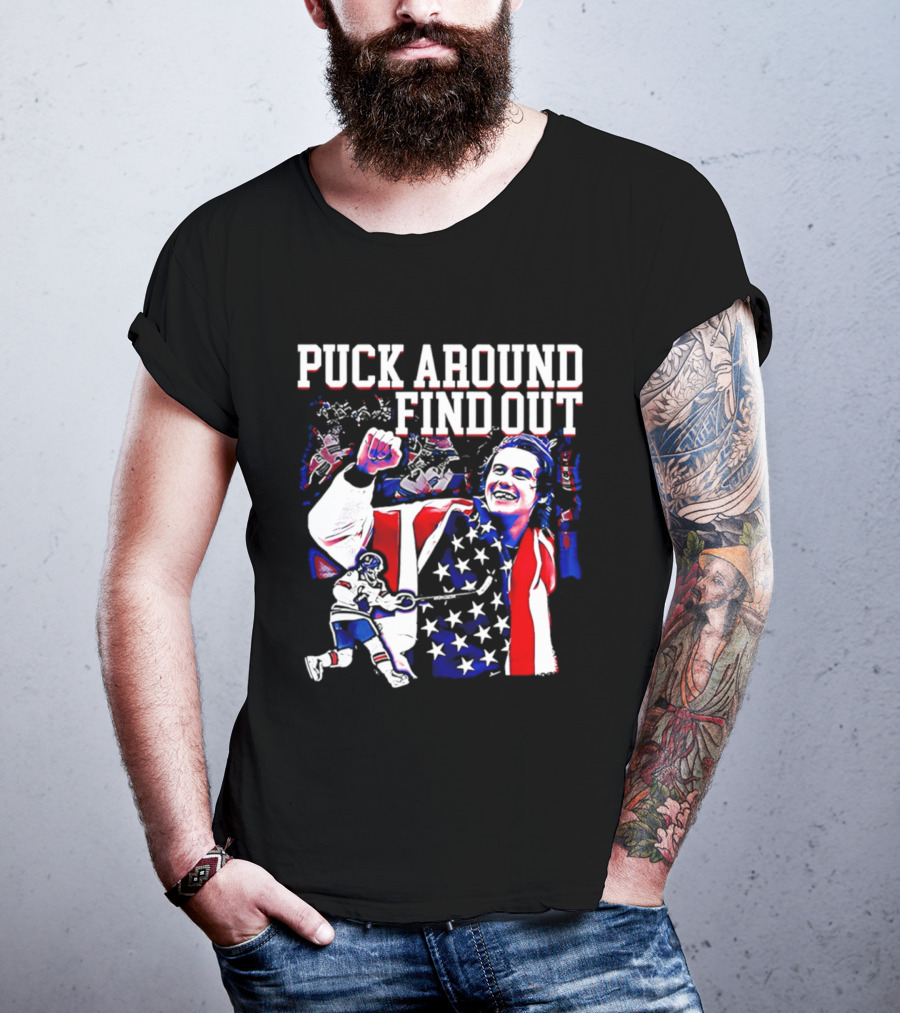 Puck Around Find Out Jack Hughes USA Hockey American Flag Celebration T-Shirt
