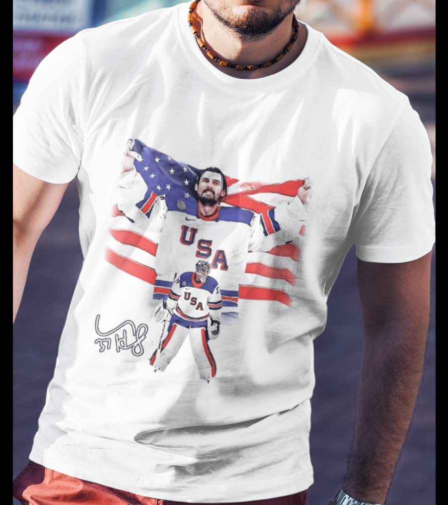 Connor Hellebuyck Team USA Olympic Gold Celebration Hockey Player With American Flag T-Shirt