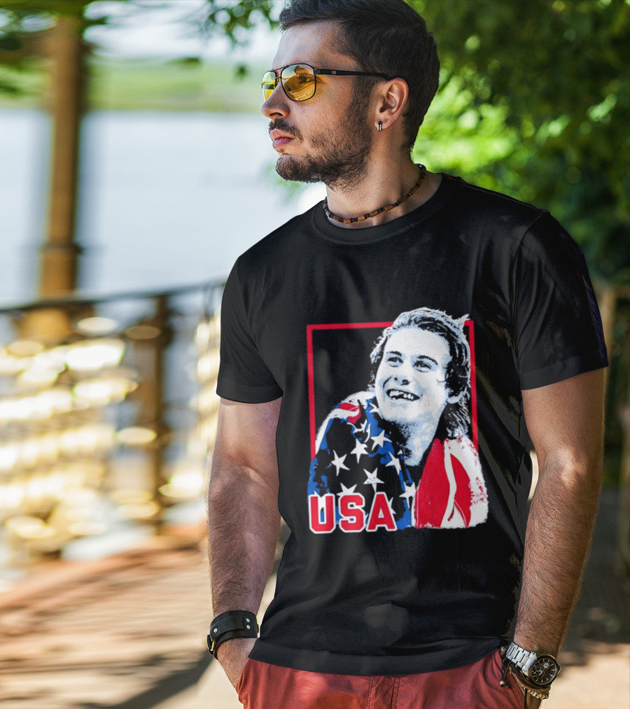 USA Flag Happy Athlete Red Frame American Pride T-Shirt