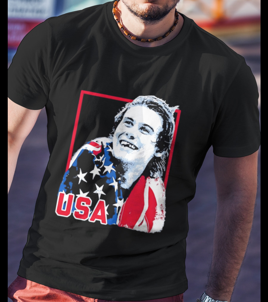 USA Flag Happy Athlete Red Frame American Pride T-Shirt