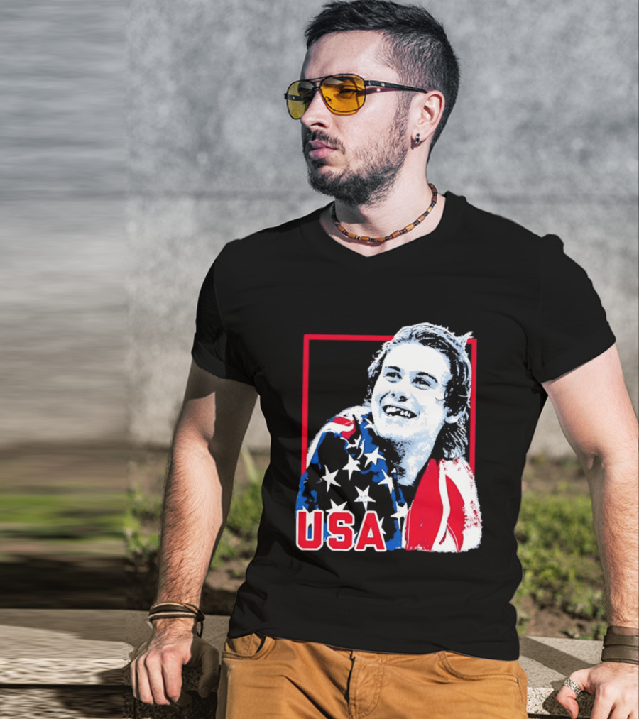 USA Flag Happy Athlete Red Frame American Pride T-Shirt