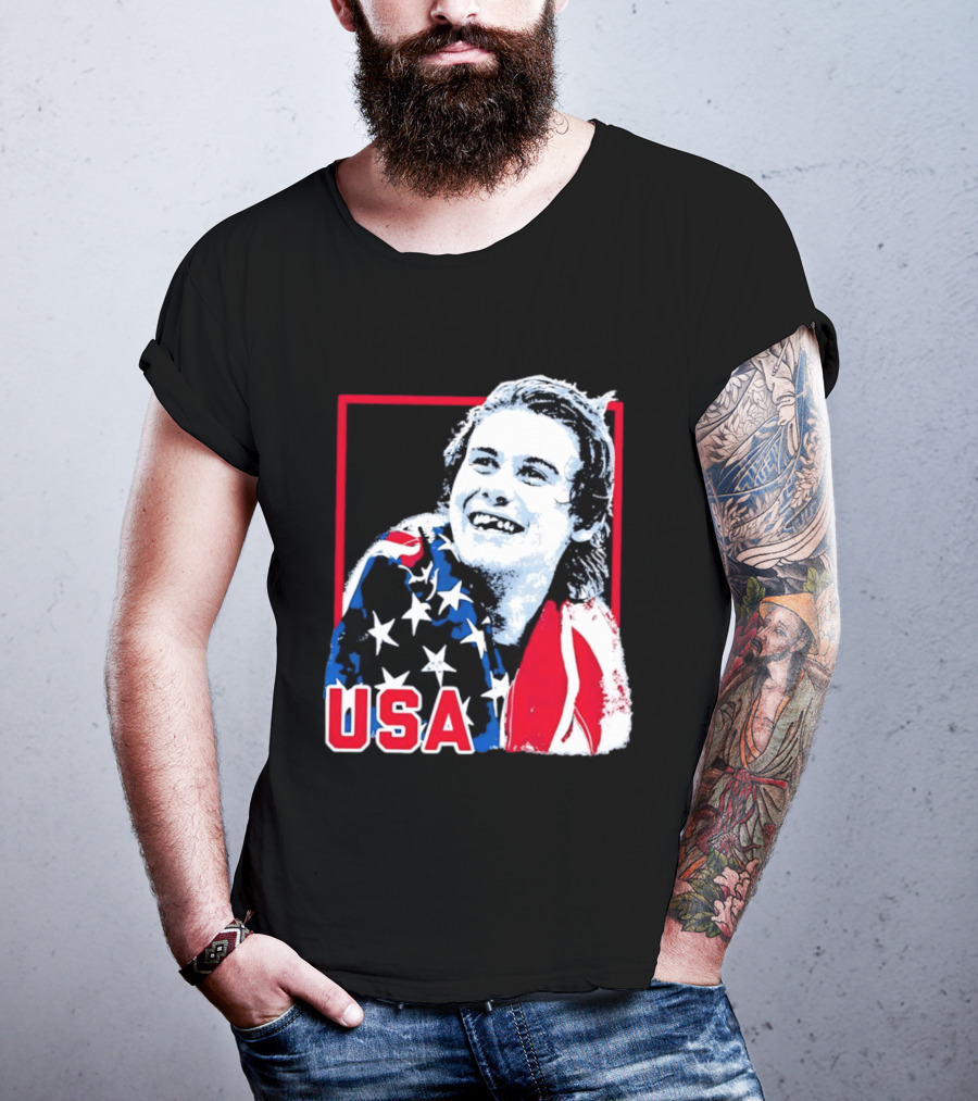 USA Flag Happy Athlete Red Frame American Pride T-Shirt