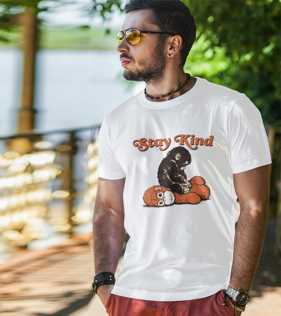 Stay Kind Punch Monkey Meme Compassionate Primate Hugging Plush T-Shirt