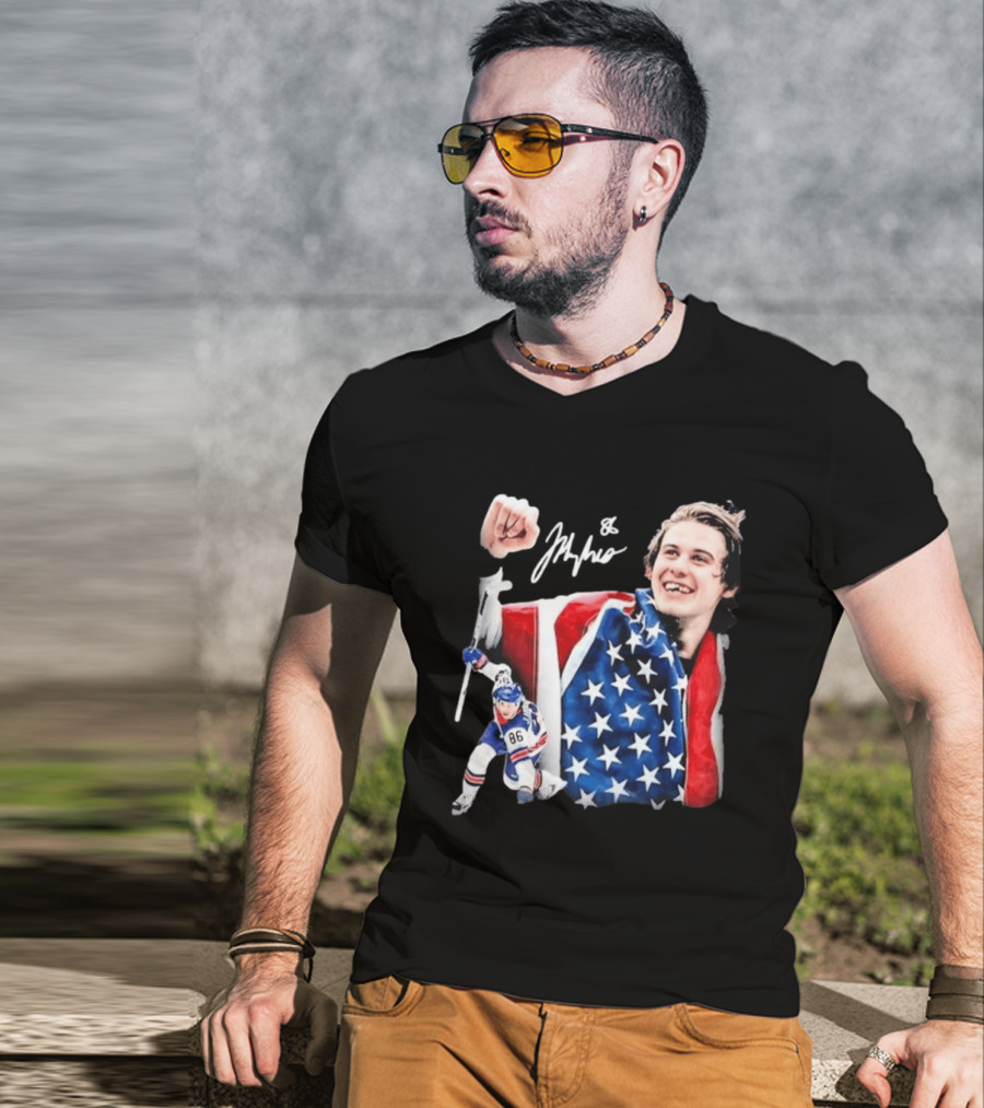 Jack Hughes USA Hockey Golden Goal Celebration T-Shirt