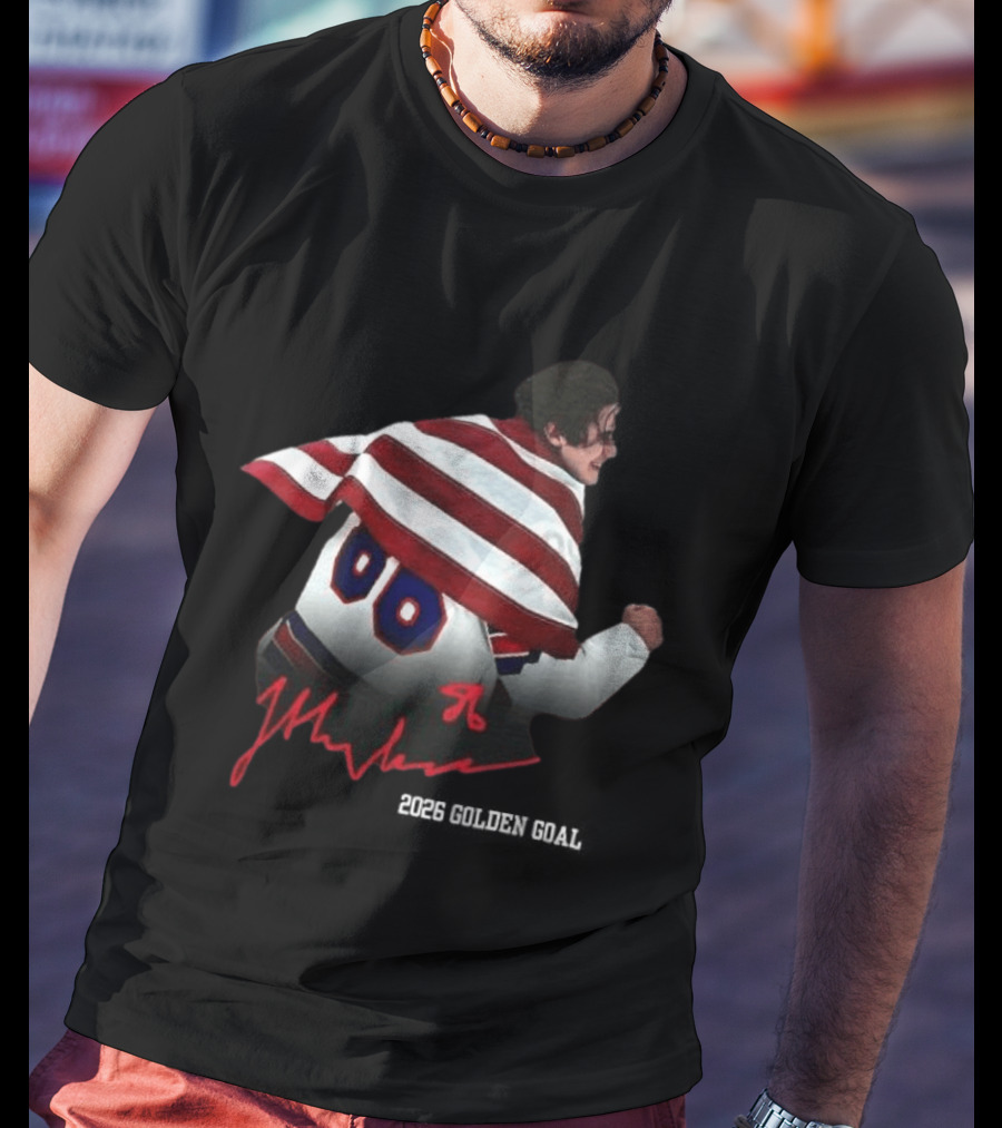 Jack Hughes Autographed Team USA Ice Hockey 2026 GoldenGoal Flag Celebration T-Shirt