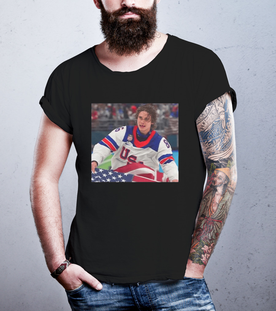 USA Hockey Jack Hughes Team 86 American Flag T-Shirt