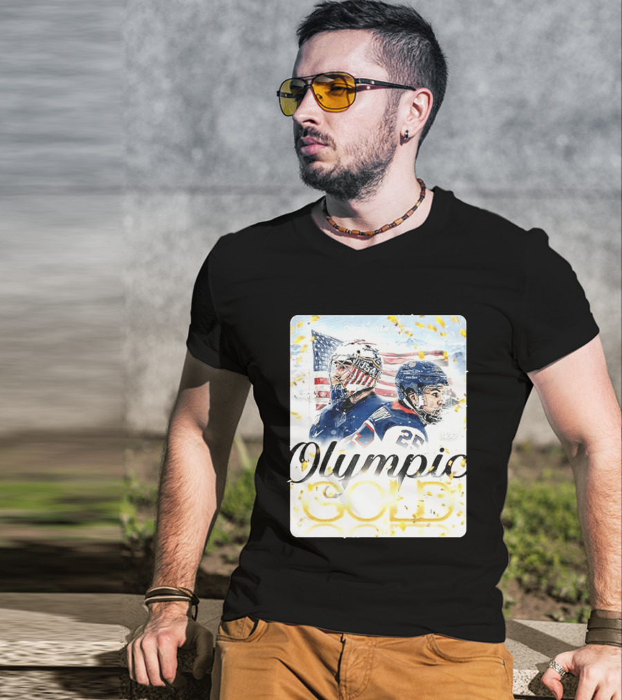 Olympic Winter Games USA Jeremy Swayman Charlie McAvoy Olympic Gold T-Shirt