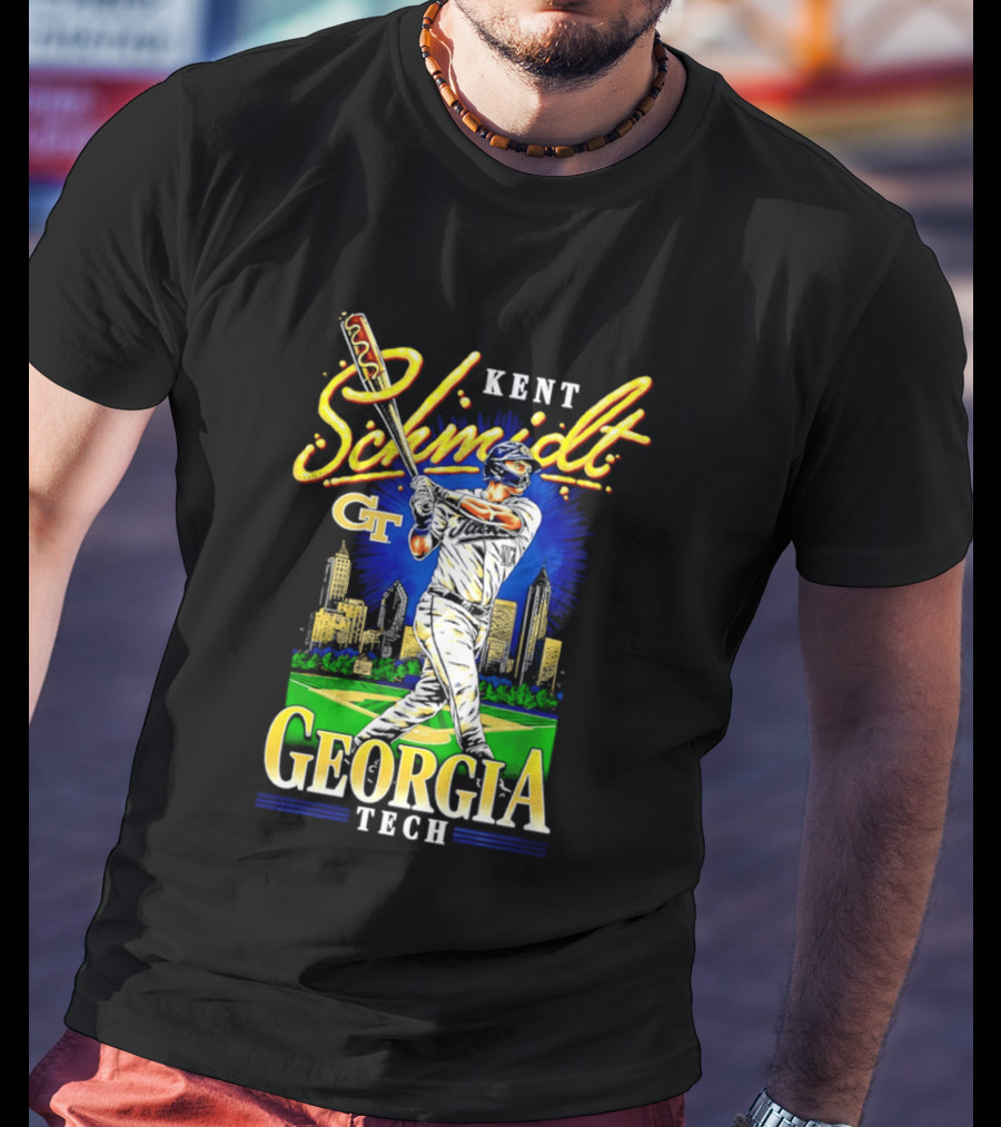 Kent Schmidt Georgia Tech Baseball Hot Dog Bat Skyline T-Shirt