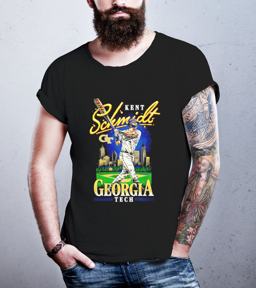 Kent Schmidt Georgia Tech Baseball Hot Dog Bat Skyline T-Shirt