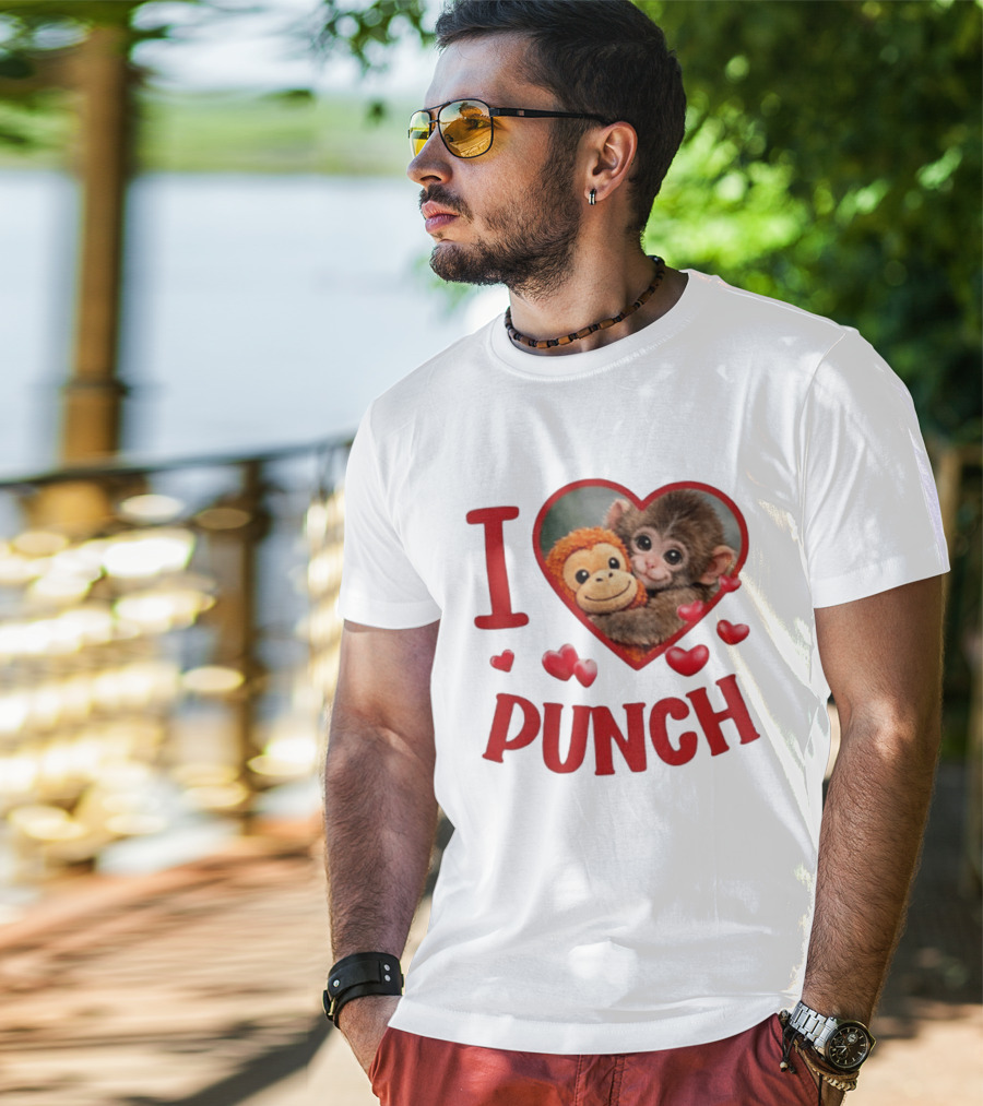 I Love Punch Heart Cute Monkey Hugging Furry Friend T-Shirt
