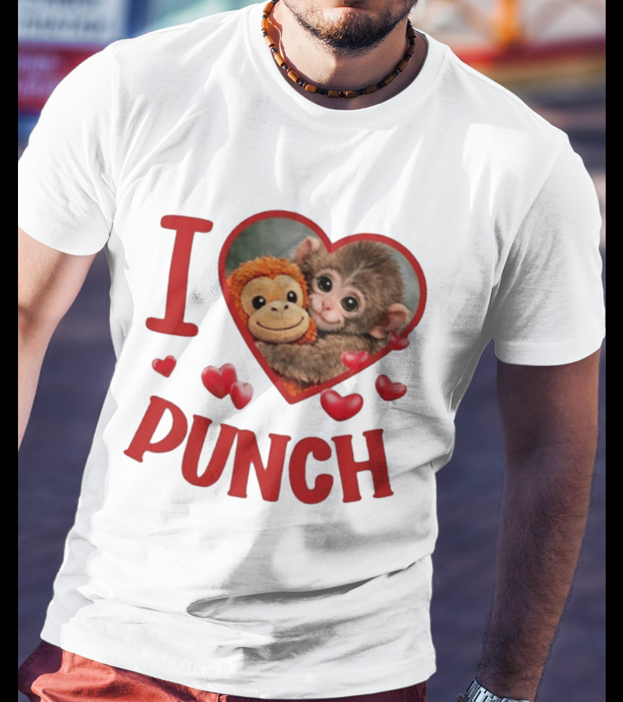 I Love Punch Heart Cute Monkey Hugging Furry Friend T-Shirt