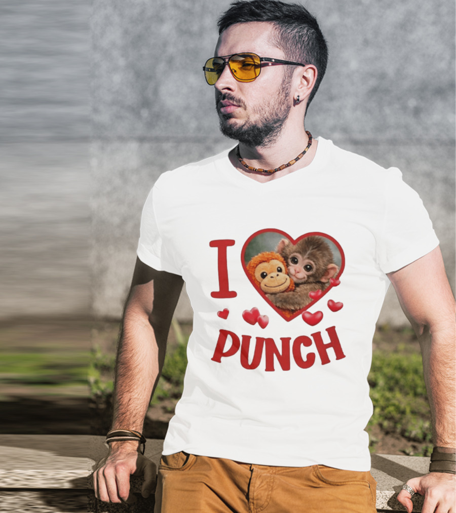 I Love Punch Heart Cute Monkey Hugging Furry Friend T-Shirt